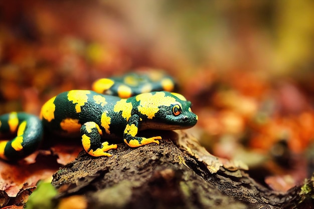 Kleiner einsamer Salamander sieht zum ersten Mal Herbstblätter
