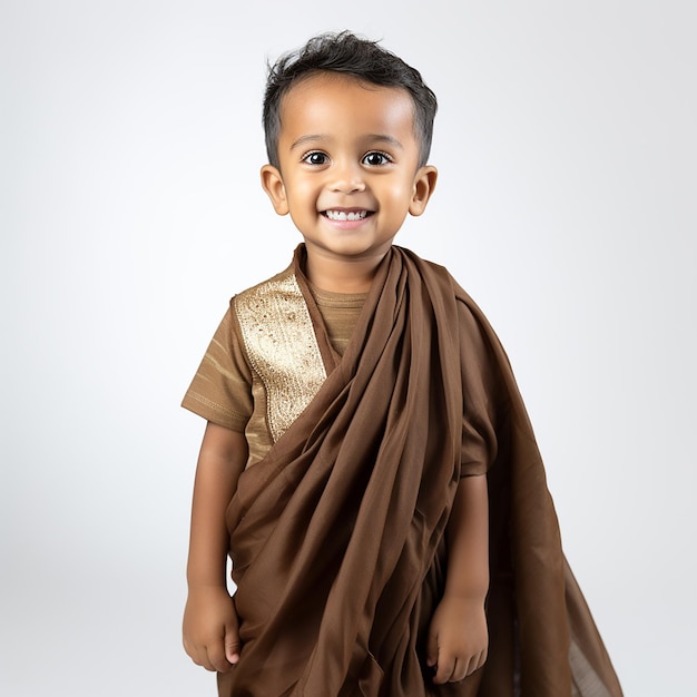 Kleiner ethnischer Sri Lanka-Junge in Vintage-Retro-Nationalkleidung, Porträt in Nahaufnahme auf Weiß