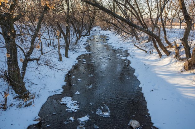 Kleiner Fluss im sonnigen Wintertag