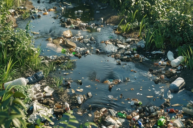 Foto kleiner fluss voller verschiedener müll umweltverschmutzungsproblem