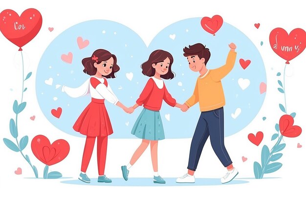 Kleiner Freund und Freundin feiern Valentinstag mit flachen Vektorillustrationen