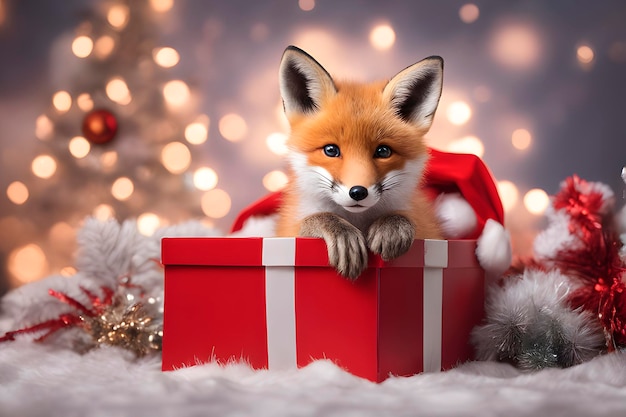 Kleiner Fuchs in einer Geschenkbox auf einem Weihnachts-Hintergrund mit Bokeh