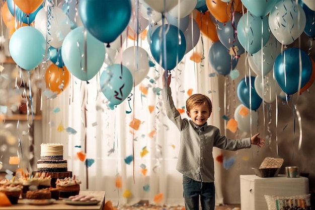 Kleiner Geburtstagsballon, süße Kinder, Junge, blaues Kind, Kindheitsparty, generative KI