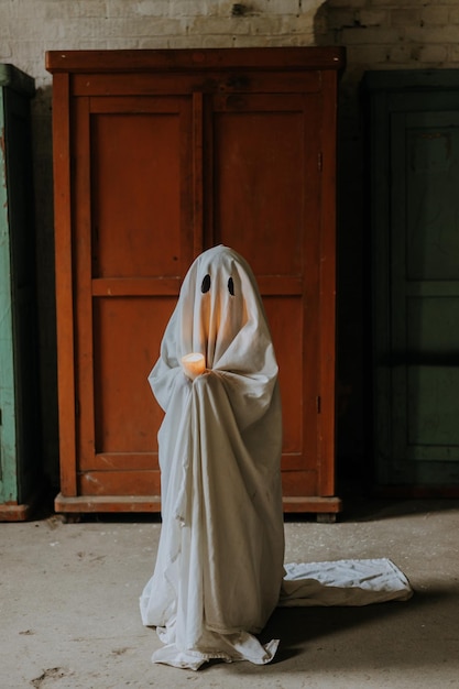 Kleiner Geist sitzt im verlassenen Haus. Herbst-Halloween.