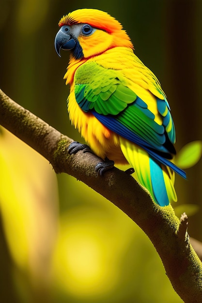 Kleiner gelber Papagei auf einem Zweig im Wald Digitale Kunst
