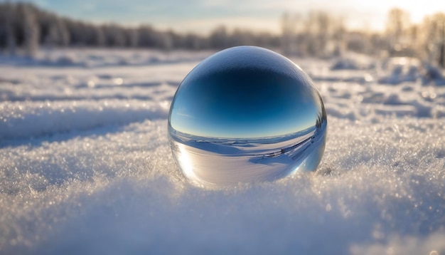 Foto kleiner glasplanet erde im schnee im winter im haarfrost im freien