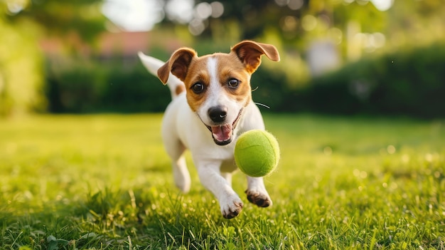 Kleiner glücklicher Hund spielt mit einem Haustier-Spielzeugball auf dem Rasen im Hinterhof