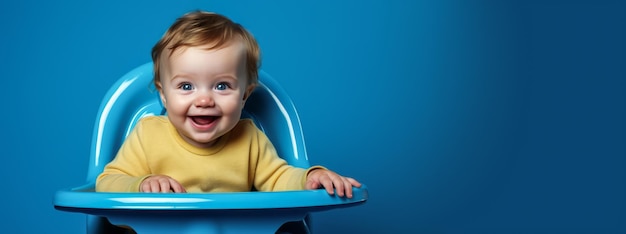 Kleiner glücklicher Junge lächelt und sitzt am Tisch Konzept gesunder Kindernahrung Blauer Hintergrund Ai generative Illustration