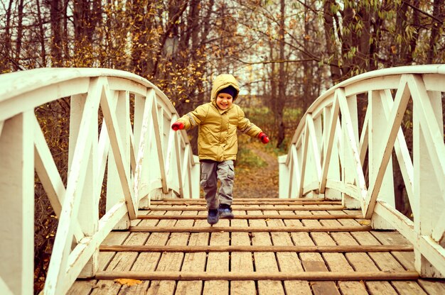 Kleiner glücklicher vierjähriger Junge in Herbstkleidung fröhlich läuft und springt auf der Buckelholzbrücke im Herbstpark