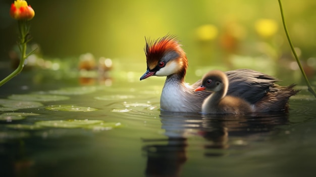 Kleiner Grebe-Vogel mit Küken im Teich