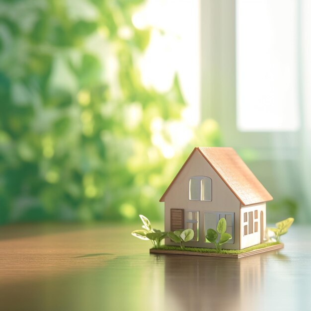 Kleiner Hauscharme Modellhaus gegen grünen Bokeh-Hintergrund Für soziale Medien Postgröße