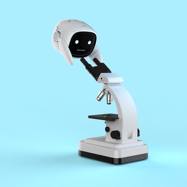 Kleiner Hilfsroboter für künstliche Intelligenz, der am Mikroskop arbeitet