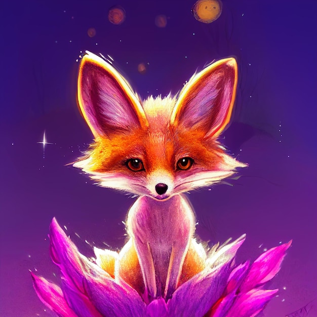 Kleiner hübscher Fuchs des niedlichen Tieres, der auf einer lila Blumenillustration sitzt