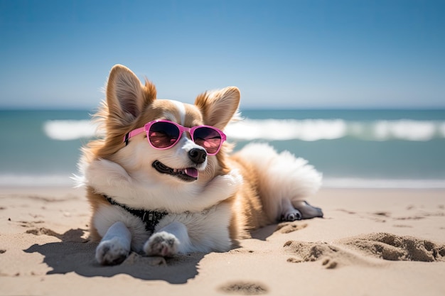 Kleiner Hund mit rosa Sonnenbrille am Strand generative KI