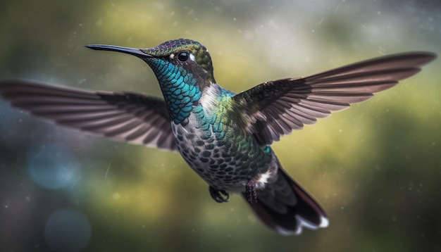 Kleiner iridescenter Kolibri schwebt mit ausgebreiteten Flügeln in der Luft Schönheit, die durch künstliche Intelligenz erzeugt wird