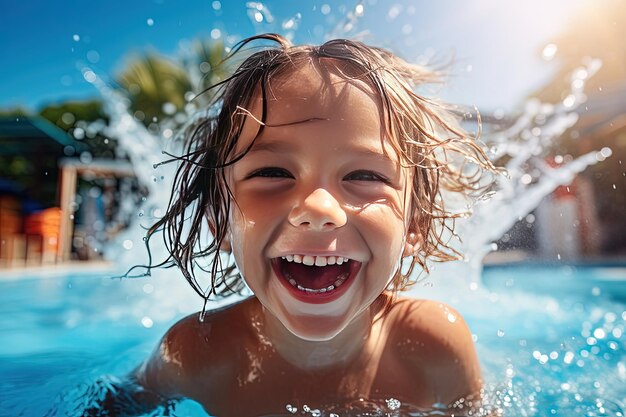 Kleiner Junge amüsiert sich im Freibad Spritzer Wasser und helle Sonne sind alles, was Kinder zum Glück brauchen