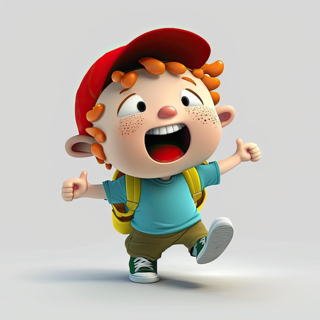 Kleiner Junge auf buntem Hintergrund lustige Zeichentrickfigur Schulkind 3d Generative KI