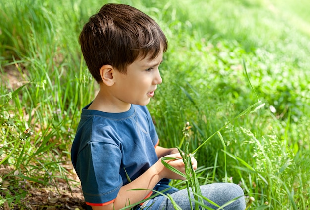 Kleiner Junge auf dem Rasen zwischen grünem Gras