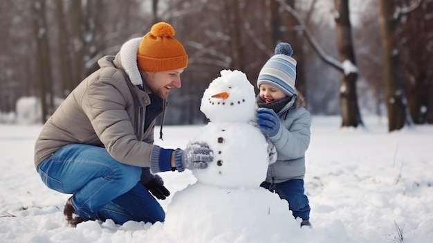 Kleiner Junge baut mit seinem Vater einen Schneemann im verschneiten Park. Vater und Sohn binden einen Schal für einen Schneemann. Aktive Freizeitaktivitäten im Freien mit der Familie mit Kindern im Winter. Kind beim Spaziergang in einem verschneiten Winterpark