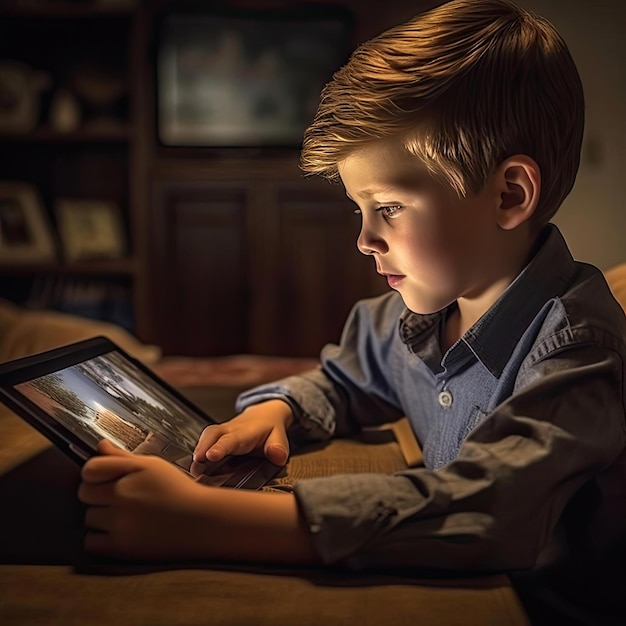 Kleiner Junge benutzt einen Tablet-Computer in einem dunklen Raum zu Hause