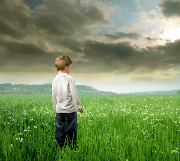 Kleiner Junge, der auf einem Feld steht