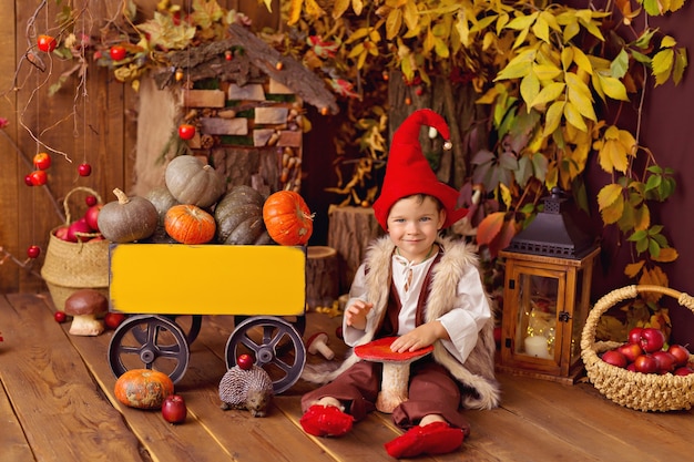 Foto kleiner junge, der gnomkostüm für halloween trägt