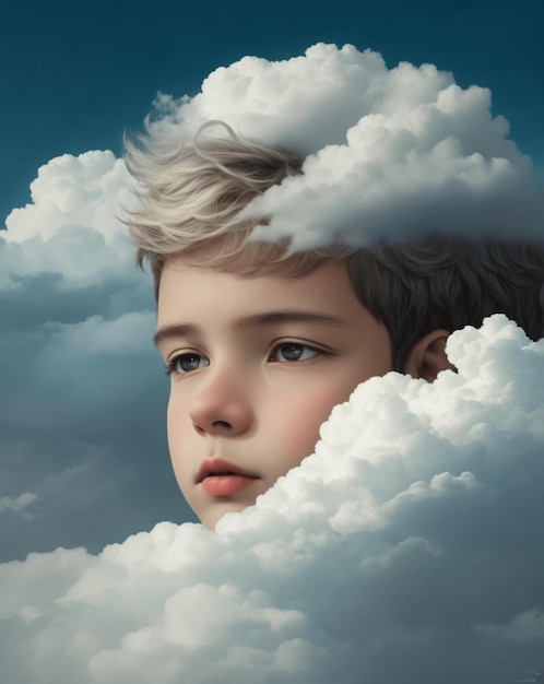 Kleiner Junge, der in den Wolken schwebt