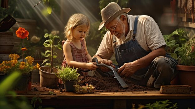 kleiner Junge, der mit seinen Großeltern im Garten arbeitet