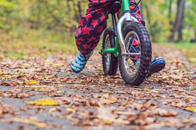 Kleiner Junge, der Spaß auf Fahrrädern im Herbstwald hat. Selektiver Fokus auf Jungen