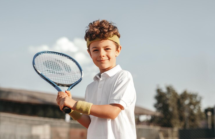 Kleiner Junge, der Tennisspiel auf Gericht spielt