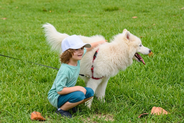 Kleiner Junge, der weißen, flauschigen Samojedenhund umarmt und im Park oder im Grashintergrund lacht.