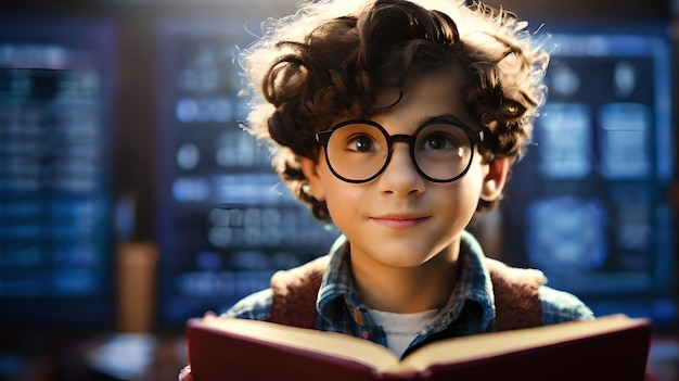 Kleiner Junge, fasziniert von einer faszinierenden Geschichte, beleuchtet durch das Leuchten eines magischen Buches in der KI-Bibliothek