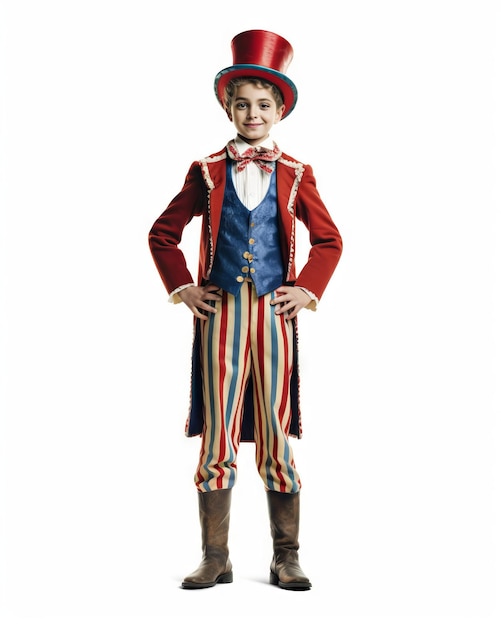 Kleiner Junge, gekleidet als Clown mit rotem Zylinder, isoliert auf weißem Hintergrund