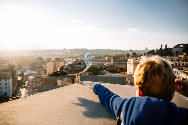 Kleiner Junge greift nach der Möwe. Rom. Italien