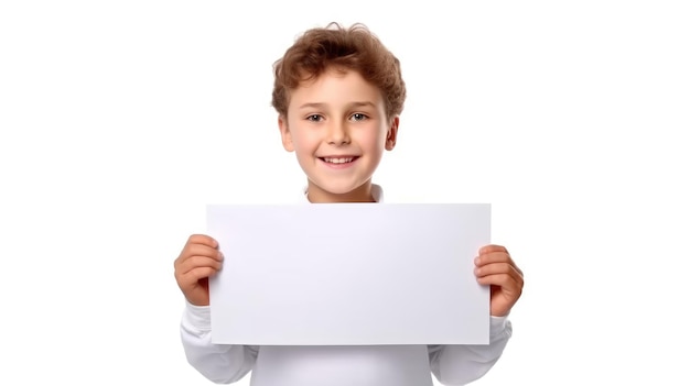 kleiner Junge hält ein weißes, leeres Papier