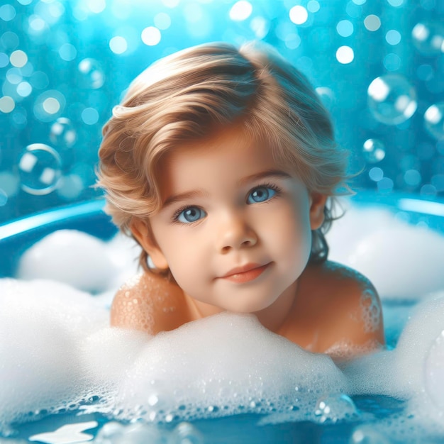 kleiner Junge im Bad mit Schaum und Blasen, blauer, heller Hintergrund