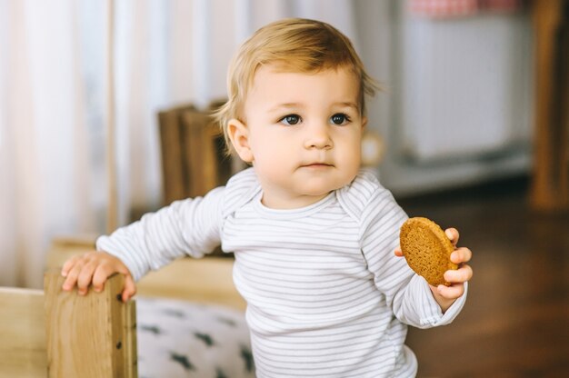 kleiner Junge isst Kekse mit Milch