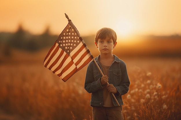 Kleiner Junge mit amerikanischer Flagge auf dem Feld mit generativer KI bei Sonnenuntergang