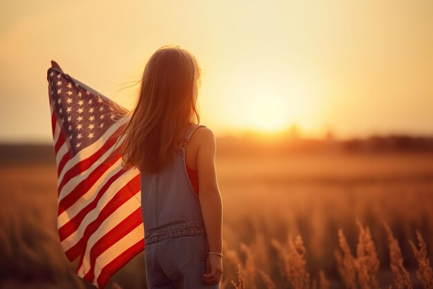 Kleiner Junge mit amerikanischer Flagge auf dem Feld mit generativer KI bei Sonnenuntergang