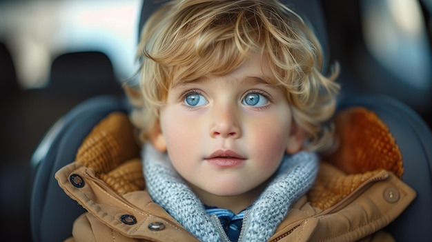 Kleiner Junge mit blauen Augen im Autositz