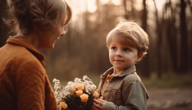 Kleiner Junge mit Blumen, der seine Mutter umarmt und den Muttertag feiert Generative KI