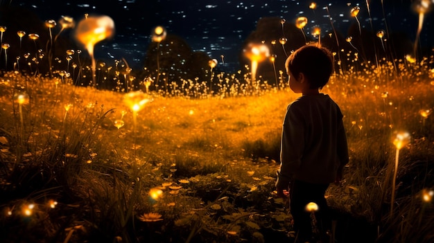 Kleiner Junge mit brennender Kerze im Wald