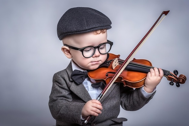 Kleiner Junge mit grauer Baskenmütze und Brille, der wie ein Profi Geige spielt. Aufnahme in einem Studio vor grauem Hintergrund