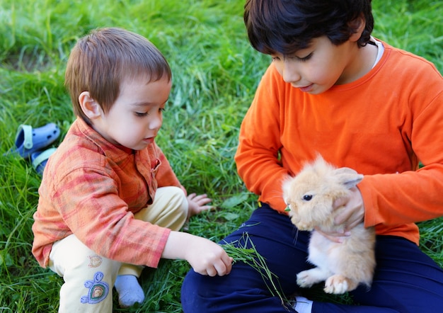 Kleiner Junge mit Kaninchen