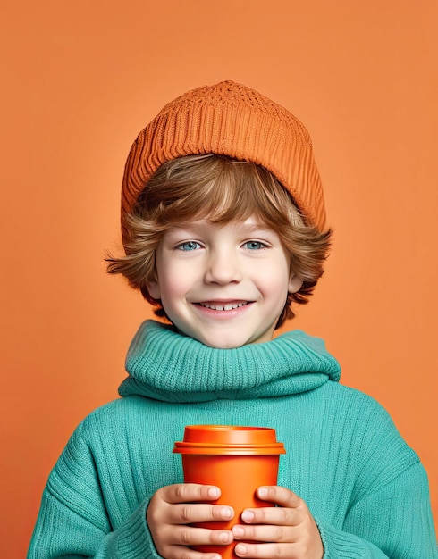 Kleiner Junge mit orangefarbenem Strickpullover mit Papierbecher