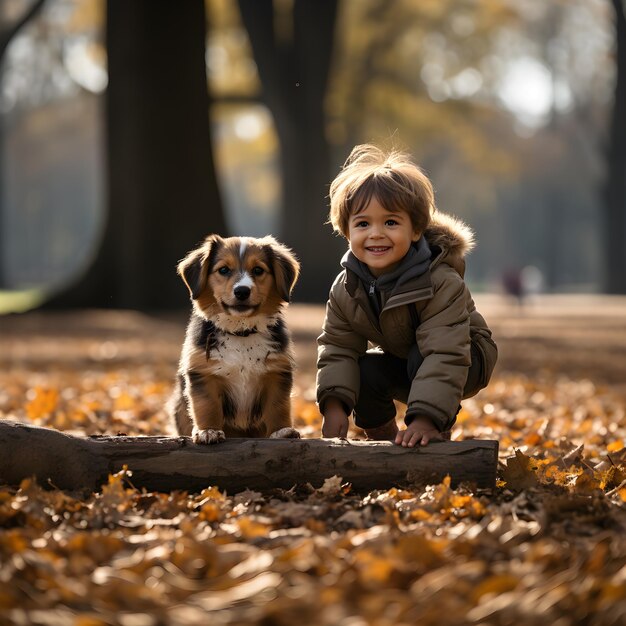 Kleiner Junge mit seinem Begleiter Hund sitzt im Sommerpark Tiertag Konzeptfotografie