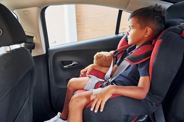 Kleiner Junge mit Teddybär sitzt im Auto