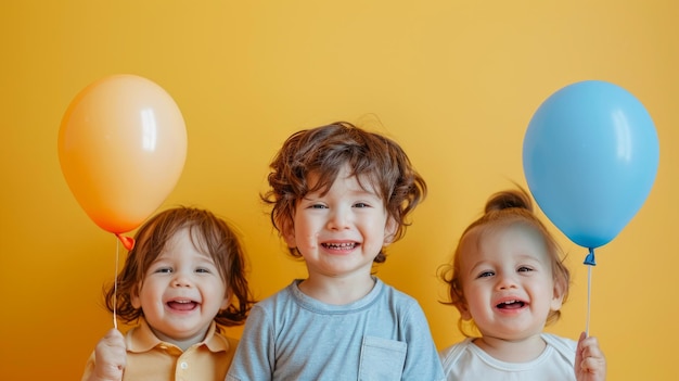 Kleiner Junge mit unordentlichen Haaren kichert, während er einen Ballon hält