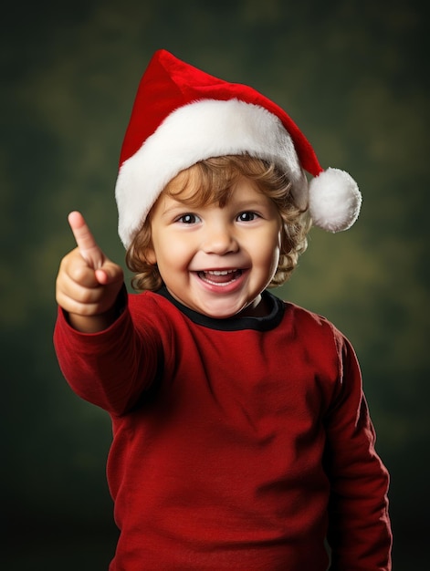 Kleiner Junge mit Weihnachtsmütze zeigt auf Sie auf dunklem, isoliertem Hintergrund