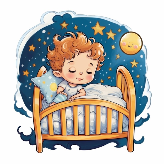 Kleiner Junge schläft im Bett mit Sternen und Mond.